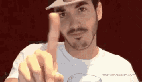 a man with a beard and hat is pointing at the camera with his middle finger .