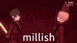 a couple of anime characters standing next to each other with the word millish written in white