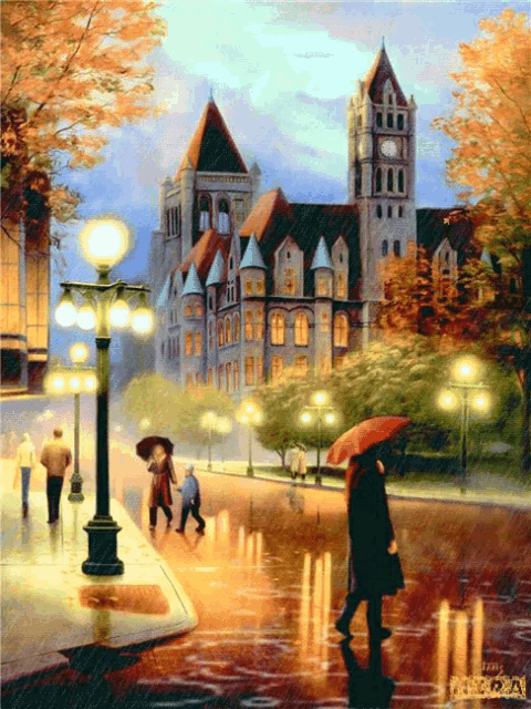 a painting of people walking in the rain with an umbrella