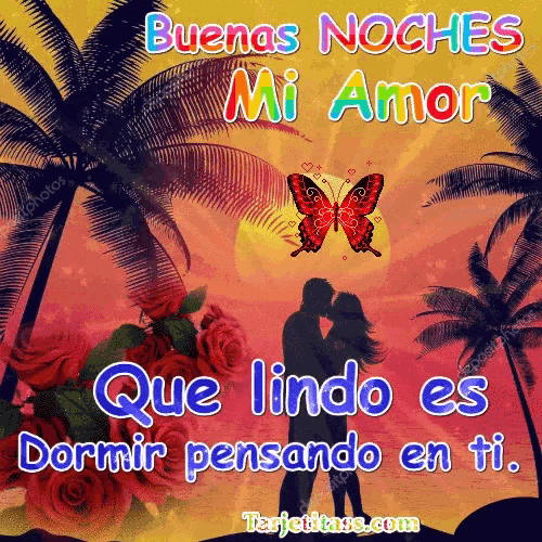 a couple kissing in front of palm trees with a butterfly and the words buenas noches mi amor