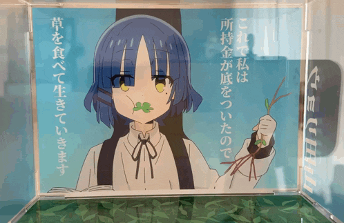 a drawing of a girl with a plant in her mouth is displayed in a clear container with chinese writing on it