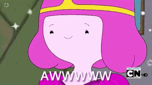 princess bubblegum from adventure time is wearing a crown and smiling while saying awwwwww .