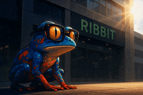 a frog wearing glasses is squatting in front of a building with the word ribbit on it