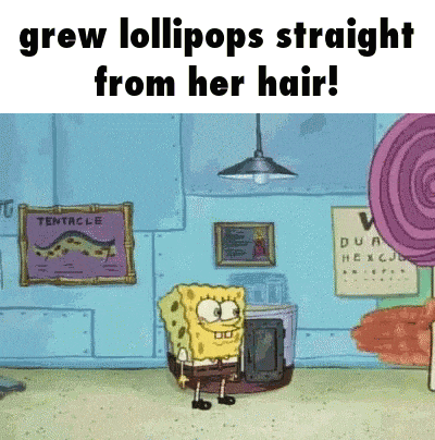 spongebob from spongebob squarepants is standing in a room with lollipops and a sign that says tentacle .
