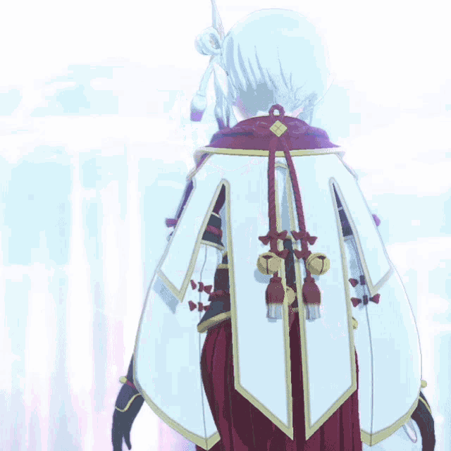 a cartoon character with a white cape and red pants is standing in front of a window
