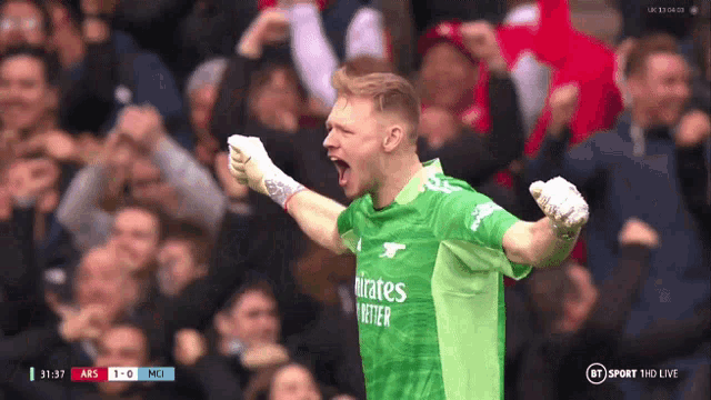 a soccer player wearing a green jersey that says emirates on it