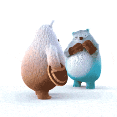 two stuffed animals are standing next to each other and one is holding something in its paw