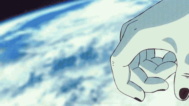 a cartoon drawing of a person 's hand pointing at the earth