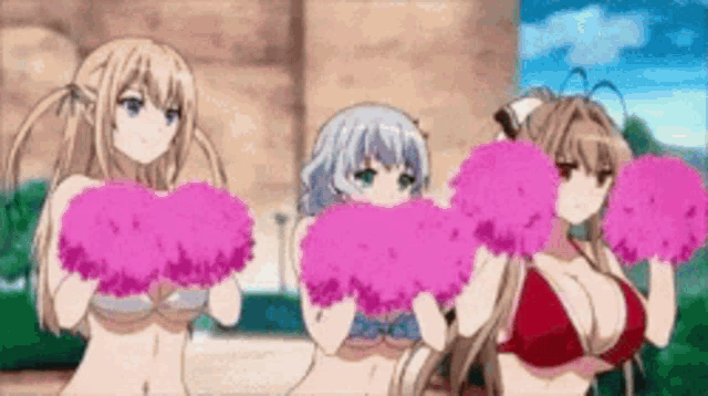 three anime girls in bikinis are cheering with pink pom poms in their hands .