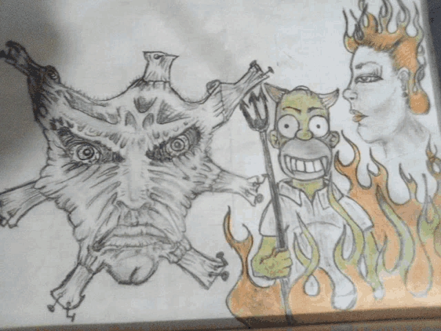 a drawing of homer simpson with a trident