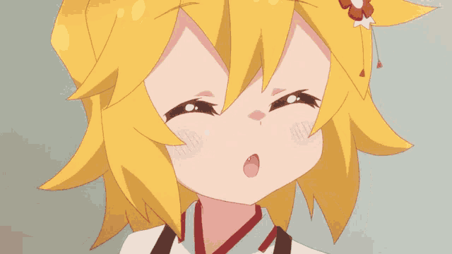 a girl with yellow hair and a flower in her hair is smiling