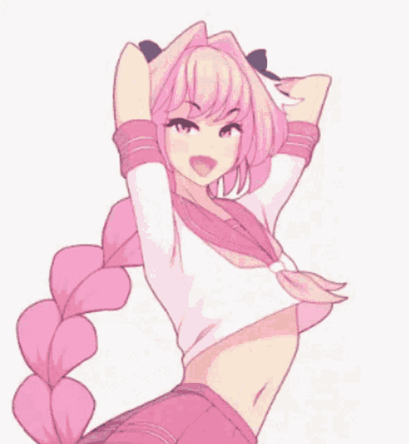 a girl with pink hair and a braid is wearing a pink skirt and a white shirt .