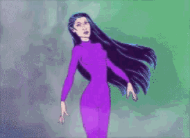 a cartoon of a woman in a purple outfit