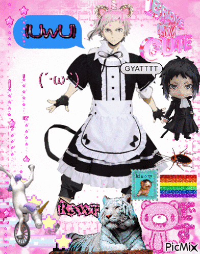 a girl in a maid costume with a speech bubble saying gyattttt