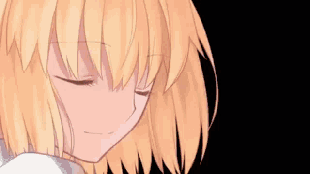 a close up of a blonde anime girl with her eyes closed and a smile on her face .