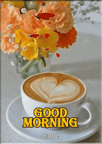 a cup of coffee on a saucer with the words good morning