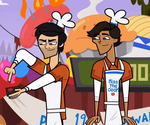 two cartoon characters wearing aprons that say kiss the cook on them