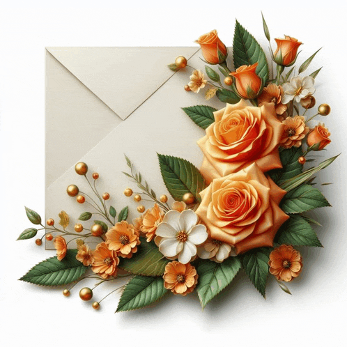 a white envelope with orange roses and green leaves