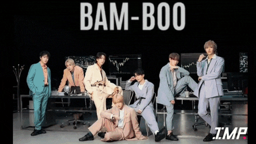a group of young men are posing for a picture with bam-boo written on the top