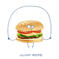 a cartoon hamburger is jumping a jump rope