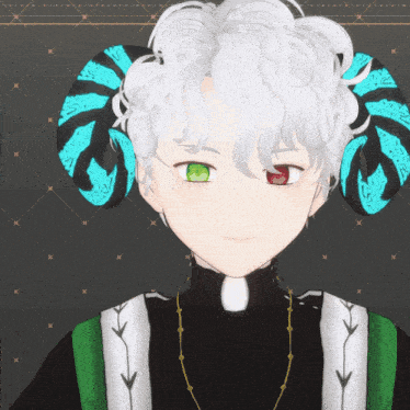 a cartoon character with a green eye and a red eye