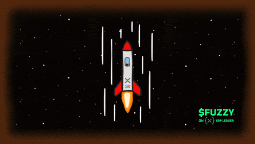 a rocket is flying through space with the words $ fuzzy on the bottom right