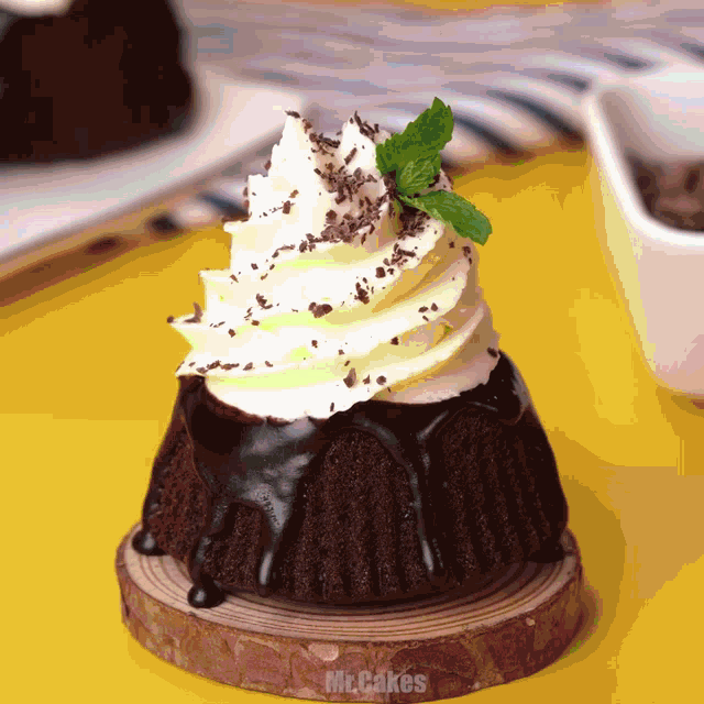 a small chocolate cake with whipped cream and mint leaves on top of it