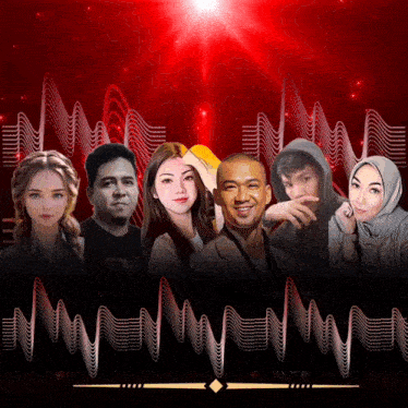 a group of people are standing in front of a red background with waves