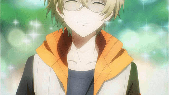 a boy with glasses and a yellow jacket is smiling