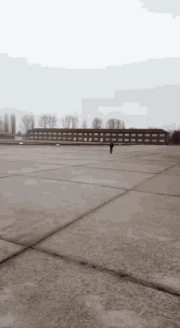 a person is walking on a concrete surface in front of a large building on a cloudy day .