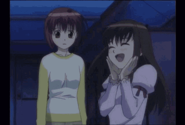two anime girls are standing next to each other and one of them is smiling