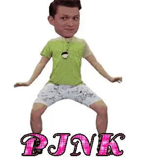a man in a green shirt and white shorts is dancing in front of the word pink