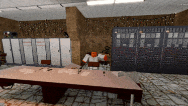a computer generated image of a room with a table and a bunch of lockers