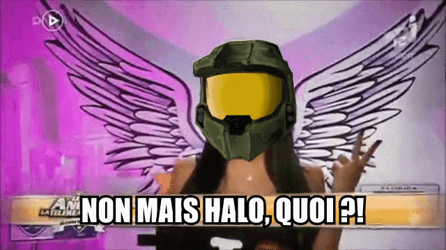 a woman wearing a halo helmet with wings says non mais halo quoi !