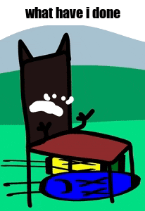 a cartoon of a cat sitting on a chair with the words " what have i done " below it
