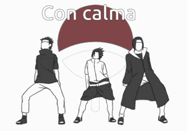 a drawing of three people dancing with the words con calma written above them