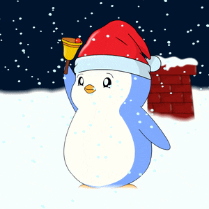 a penguin wearing a santa hat holds up a bell