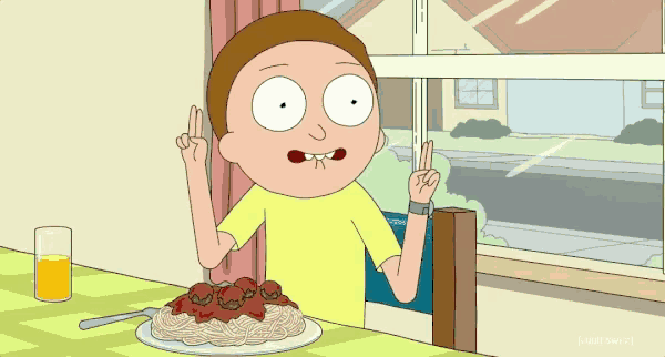 a cartoon of a man sitting at a table with a plate of spaghetti and meatballs
