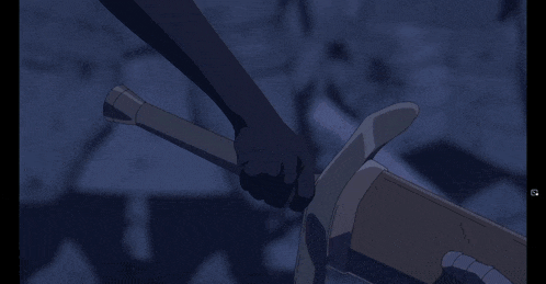 a person holding a sword in a dark room with the letters s on the bottom right