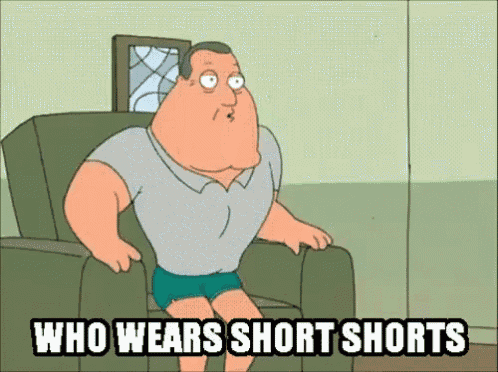 a cartoon character sitting in a chair with the words who wears short shorts below him