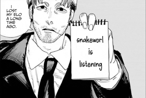 a black and white drawing of a man holding a notepad that says " snakeworld is listening "