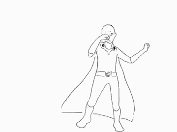 a black and white drawing of a man in a cape