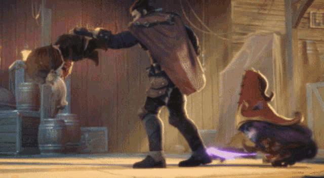 a man in a purple cape is standing next to two animals