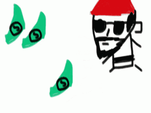 a drawing of a man wearing sunglasses and a red hat is surrounded by green dollar bills