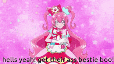 a girl in a pink dress is holding a heart and the words `` hells yeah ! get their ass bestie boo ''