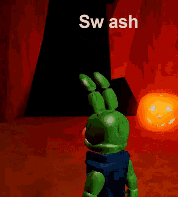 a green bunny is standing in front of a carved pumpkin that says smash on it