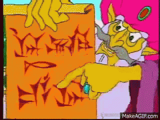 a cartoon of a man holding a sign that says makeagif.com on the bottom