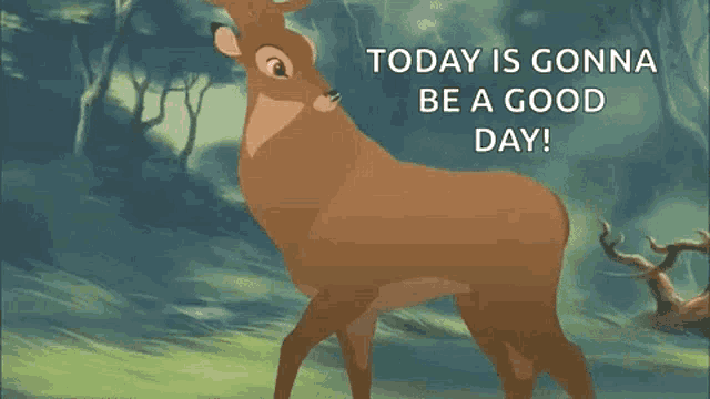 a cartoon of a deer and a baby deer walking in the woods .