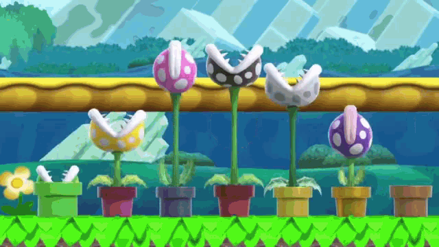 a row of potted plants are lined up in a cartoon scene