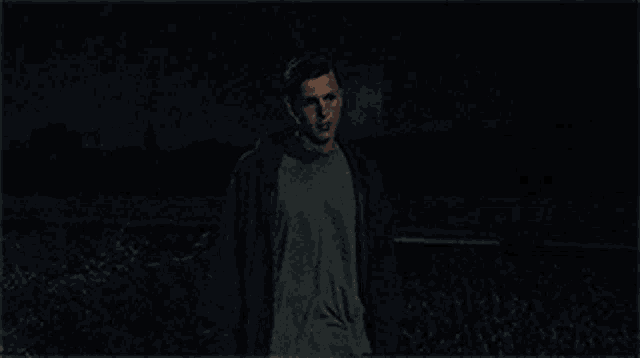 a man is standing in the dark in a field .